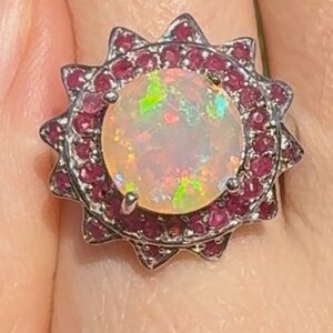 14k White Gold over Silver Ethiopian Opal and Ruby Ring! WATCH VIDEO!